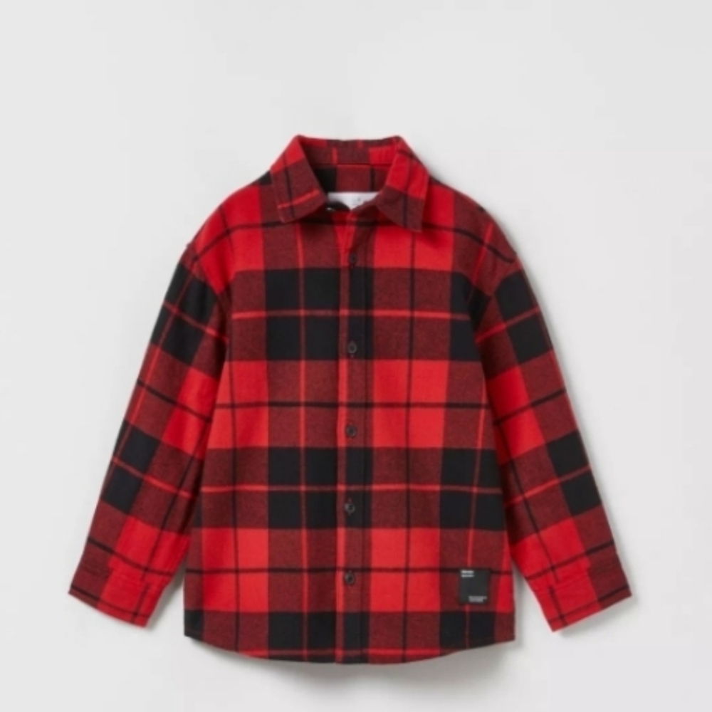 Zara Kids Red and Black Flannel Plaid Button Down Shirt Size 10